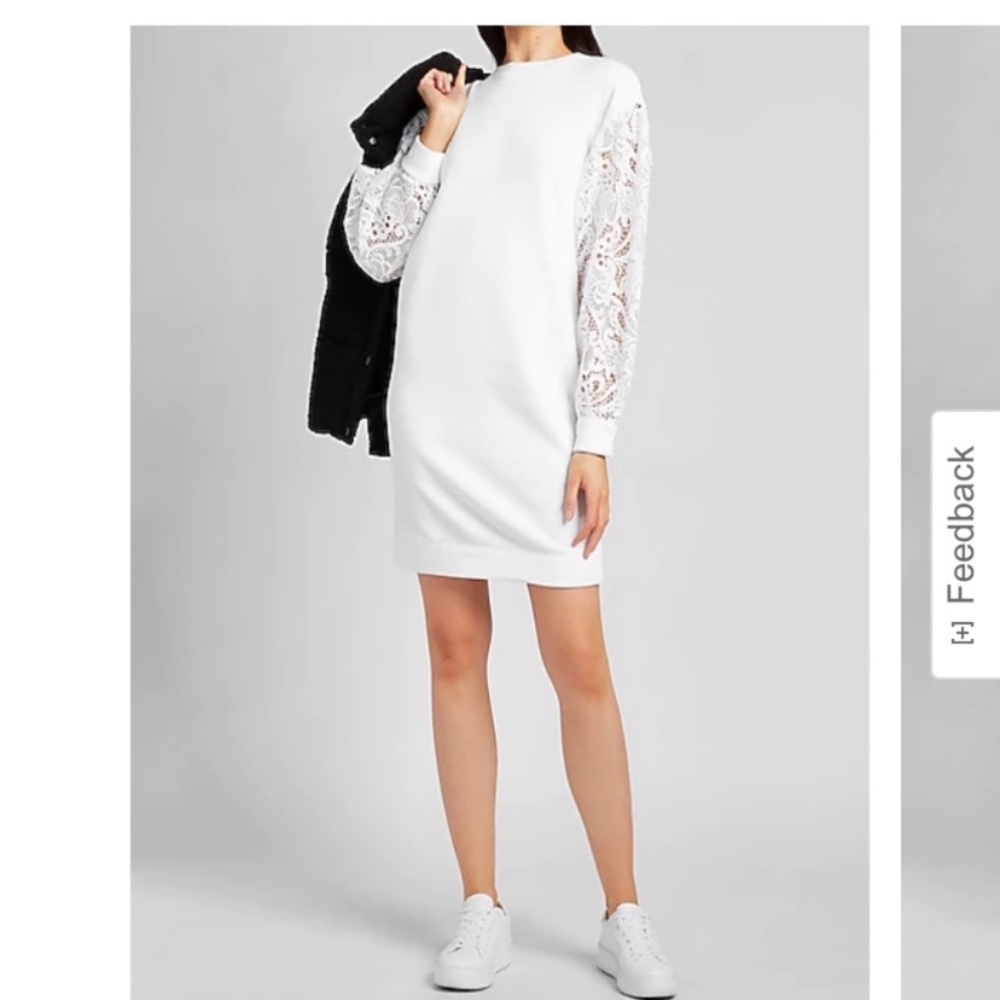 White XS Express sweater dress with lace sleeves